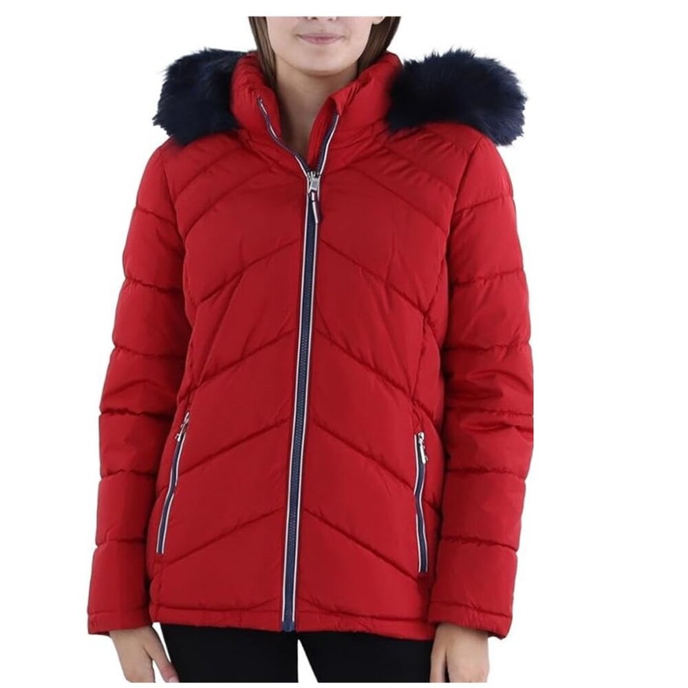 SALE Tommy Hilfiger Red Quilted Puffer Jacket, Detachable Fur Trim Hood, Size L
